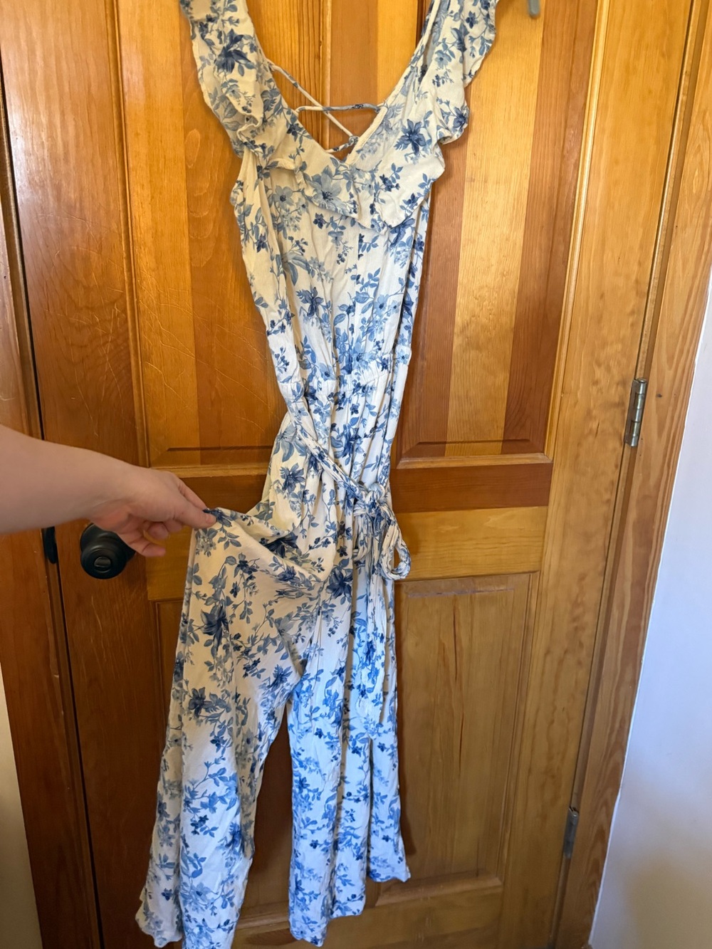 Blue Floral Women's Jumpsuit - Sleeveless Ruffle and Back Tie
